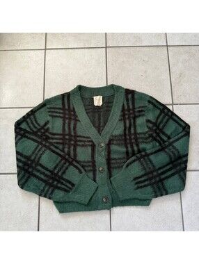 Harper Heritage Green Plaid Cropped Cardigan Button Front Knit Sweater L